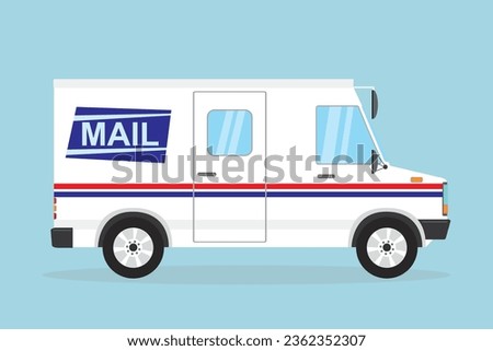 Mail delivery truck. White postal van. Cartoon vehicle in flat style. Delivery service transport. Vector illustration