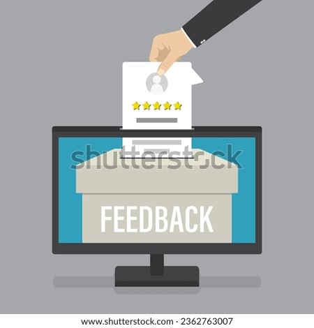 Online positive review. Feedback box on monitor screen. Electronic customer rating. Hand holding testimonial form. Grading system. Clients rank. Business or application quality. Vector illustration