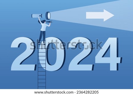 Economic prospects in 2024. Visionary illuminates future with flashlight. Businesswoman climbing stairs to look through binoculars at number 2024. Business opportunities and targets or goals. vector