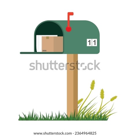 Open mailbox with newspaper and package. Classic american metal postbox, isolated on white background. Cartoon letterbox standing in grass. Red flag up. Flat Vector illustration