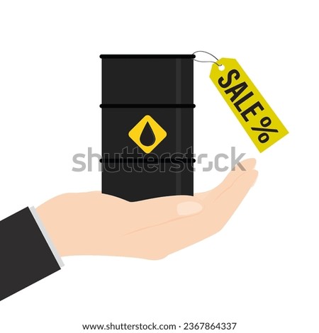 Big hand holding oil barrel. Sale of petroleum products and fuels. Petroleum in tank with label sale. Discount, falling oil prices. Cartoon Design isolated on white background.Flat Vector illustration