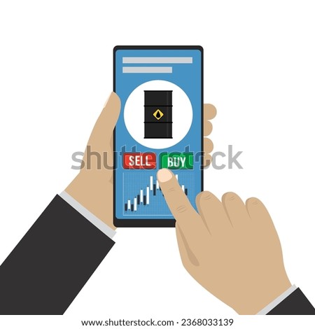 Hands holding and touch modern smartphone. Online trading application. Oil price chart and buy or sell buttons. Technology for trading commodity assets on stock market. Flat vector illustration