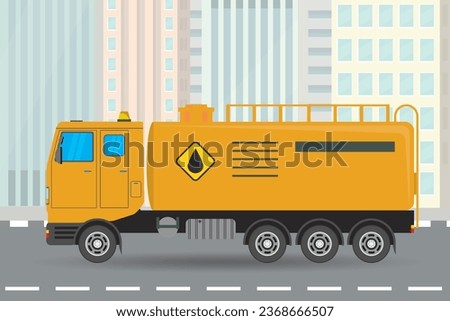Oil industry truck design. Cartoon petroleum tanker on city road, urban landscape on background. Side view. Truck with fuel tank. Flat vector illustration