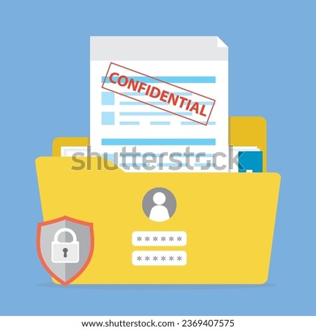 Yellow folder with confidential documents. Sensitive data and information. Data protection. Secure account, profile login and password. Paperwork in office. Flat vector illustration