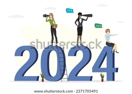 Group of confident businesswomen climbed up ladder on giant numbers. New year 2024 outlook, economic forecast, future vision. Business opportunity or difficulties ahead, report or analysis. vector