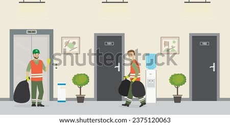 Cartoon cleaners take out trash. Two men waiting for elevator. Male characters in uniform with bags of garbage. Concept of office cleaning. Corridor design interior. Trendy flat vector illustration