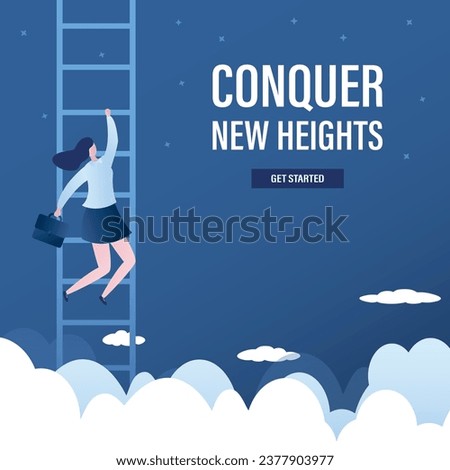 Conquer new heights, landing page template. Ladder in sky above clouds, businesswoman holds on to step, climbing up. Cute female character and motivational text. Trendy style vector illustration