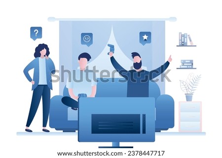Friends are sitting on couch and playing video games. Gamers hold joysticks in hands and watch monitor. Online multiplayer. Room interior. Angry wife with questions. Flat design vector illustration