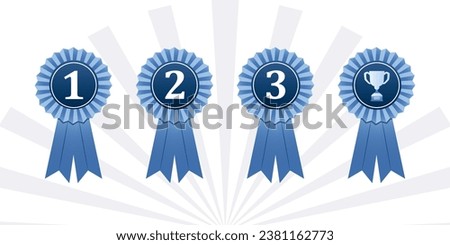 Set of winner medal signs. Quality marks with various symbols. Numbers 1,2,3 and cup in circles. Emblem with ribbons. Stickers collection in trendy blue style. Flat vector illustration