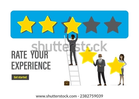 Business people puts five stars rating. Positive review. Rate your experience- landing page. Online survey, Grading system. Happy clients holds stars isolated on white background. Vector illustration