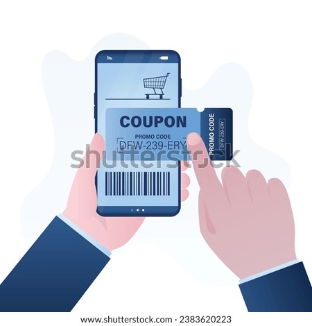 Customer hands holding mobile phone with promo code coupon. Sale, discount. Shopping process, purchase. Promotion campaign, marketing or retail concept. Flat vector illustration