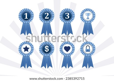 Big set of winner medal signs. Quality marks with various symbols. Numbers 1,2,3  in circles. Emblem with ribbons. Stickers collection in trendy blue style. Flat vector illustration