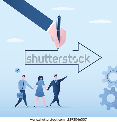 Hand of mentor or teacher uses pen and draws huge arrow. Business coach draws direction of development for group of businessmen. Business people are heading in right profitable path. flat vector