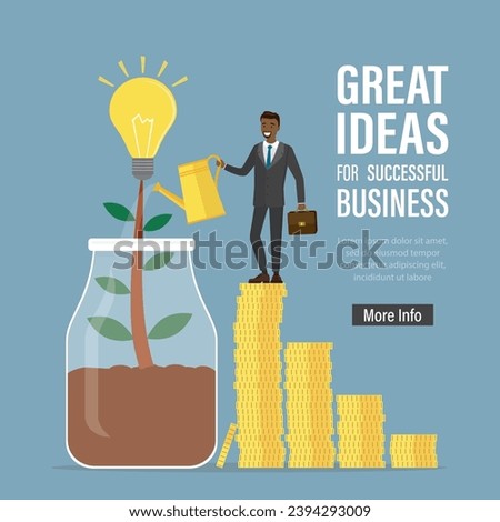 Businessman growing ideas tree. African american investor watering plant in glass jar. Creativity, brainstorming. Development of new business project. Investment process, startup. Vector illustration