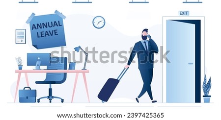 Businessman walking with luggage from office room. Annual leave note above desk. Break time, take day off, vacation to rest and relax from hard work, schedule reminder of annual leave concept. vector