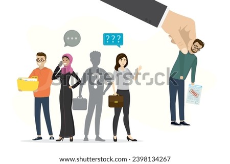 Big hand removes one member of business team. Dismissal, staff reduction concept. Fired employee. Group of office clerks or managers. Cartoon colleagues, human characters. Flat vector illustration