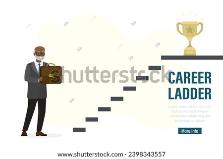 Senior stands near stairs and holds briefcase. Career ladder, landing page template. Job seeker ned work.  Winner cup or profit on top. Happy african american businessman. Vector illustration