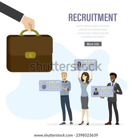 Big hand gives briefcase. Searching new employee. Various applicants holds resumes. Multiethnic job seekers with cv. Equality concept. Recruitment process landing page. Employment service. Flat vector