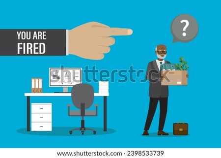 Boss hand fires an elderly male worker. Problem of staff reduction. Dismissal of older employees. Aged african american businessman leaves workplace. Unemployed grandfather. Flat vector illustration