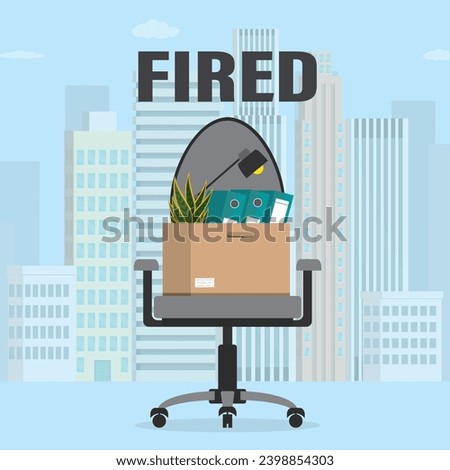 Business Chair, Box with Office things and plant. Fired from job. Dismissal, staff reduction. Optimizing costs during the economic crisis. City view on background. Unemployment. Vector illustration