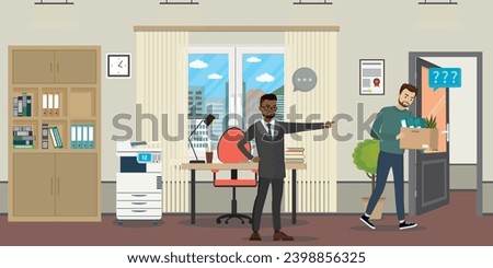 African american boss fired office worker. Sad jobless guy holds box with things. Staff reduction, dismissal of employees. Unhappy jobless caucasian man. Office interior. Open door from room. Vector 