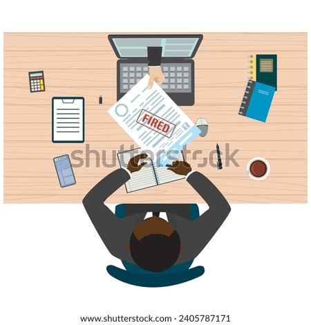 Manager or office clerk sitting at workplace. Hand gives document about dismissal. Paper with stamp- fired. Discrimination, inequality. Top view, african american employee. Flat vector illustration
