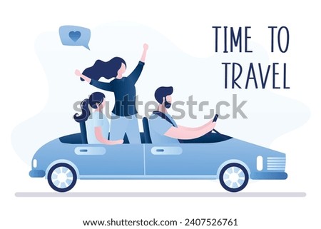 Funny characters in cabriolet auto. Time to travel, horizontal banner.  Male driver driving convertible car, side view. Women on back seats. Summer vacation, car trip. Flat style vector illustration
