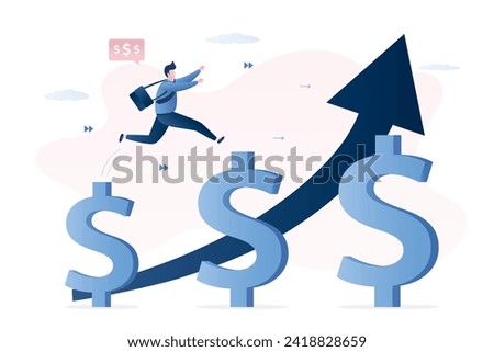 Growth earning, investment. Businessman or trader jumping on growth huge dollar signs. Increasing income, salary and bonus in career. Success in financial business. Career ladder concept. Flat vector