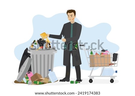 Homeless vagrant person looking for food and things in dirty trash can. Ragged vagabond. Unhappy hungry beggar. Trolley with various things. Poverty, sad caucasian guy. Flat vector illustration