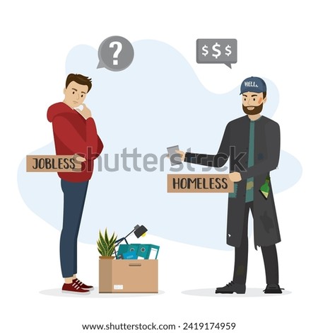 Jobless worker with things. Homeless vagrant man ask for money. Social issues, concept banner. Caucasian beggar holds donation mug and cardboard. Jobless businessman need job. Flat vector illustration