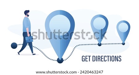 Get direction, concept banner. business man walking on a right direction. Confidence businessman going to goals, step by step. Navigation, search right location. Giant pins on road. flat vector
