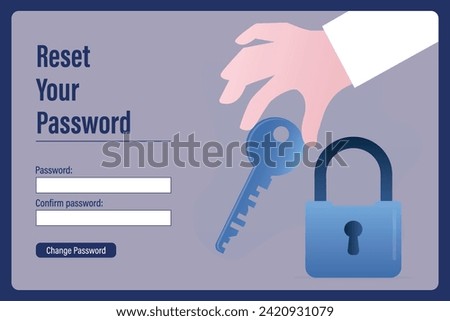 Reset your password, landing page. Hand holds big key, padlock near. Account data protection, information storage. Web page template, trendy blue colors style. Flat vector illustration