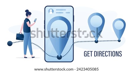 Get direction, business woman use mobile phone and walking on right direction. Confidence businesswoman going to goals, step by step. Navigation, search right location. Giant pins on road. flat vector