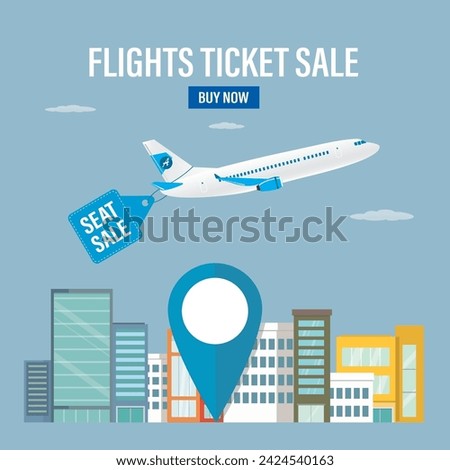 Flights ticket sale, landing page. Sale of air tickets. Plane take off. Advertising banner attached to airplane. City landscape, trip destination with huge pointer. Promo tariff. Vector illustration