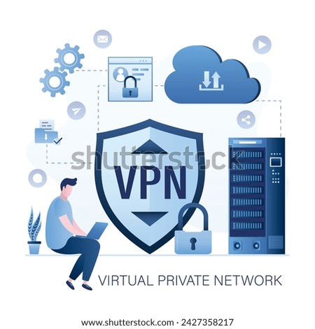 Businessman using laptop. Big shield with VPN software or plugin. App for secure connection, data encryption. Virtual Private Network. Male user uses vpn to work and surf Internet. Vector illustration