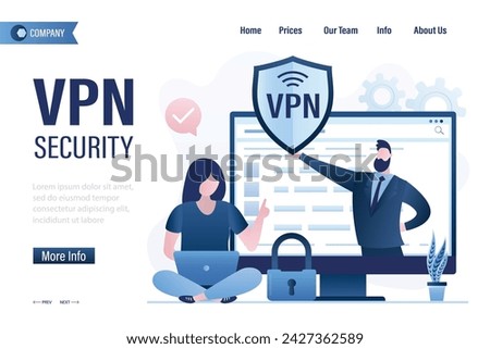 Programmer holds VPN software or plugin. App for secure internet connection, data encryption. Security protocol. Virtual Private Network, landing page template. User or employee uses laptop. Vector