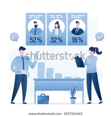Election results. Exit poll. Two election observers helps counting voting results. Male and female candidates received different numbers of votes. Stacks of ballot papers on table. Vector illustration