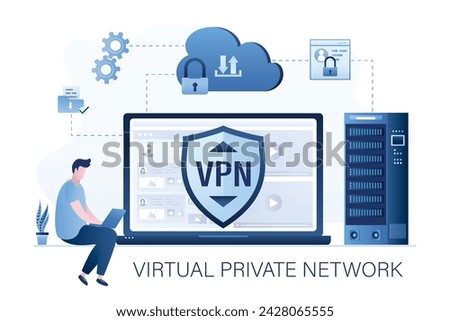 Businessman using laptop for internet surfing. Big shield with VPN software or plugin. App for secure connection, data encryption. Virtual Private Network. Remote server, cloud technology. Flat Vector