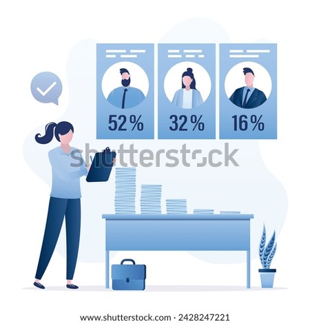 Election results. Exit poll. Woman counting voting results. Male and female candidates received different numbers of votes. Stacks of ballot papers on table. Election observer. Vector illustration
