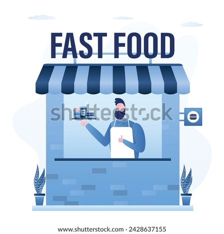 Local small business. Male seller holds fast food. Cafe or restaurant building. Businessman in food kiosk. Takeaway unhealthy food. Trendy flat Vector illustration