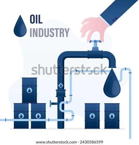 Businessman opens tap with oil product. Metal canisters with petrol or gas. Oilman turnes pipeline valve. Oil industry. Petroleum extraction business. Transportation concept. Flat vector illustration