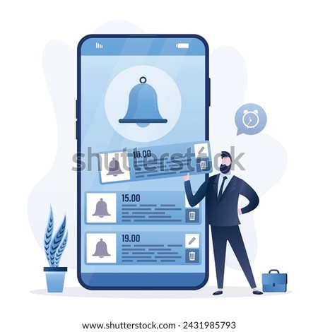 Businessman sets up notifications and an alarm clock on big smartphone. Alarm bell, time management app on mobile phone screen. Schedule of meetings and work. Adding new note to planner. Flat vector