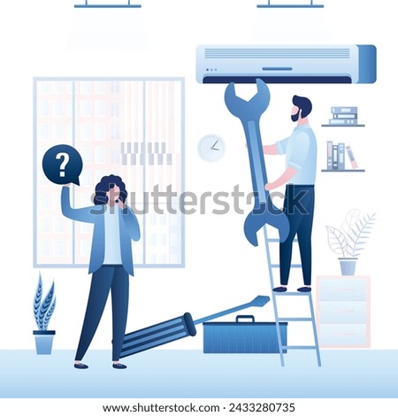 Worker with tools repairs split system. Employee installs climate control in apartment. Woman called air conditioning master. Man repairing air conditioner. Maintenance service. Vector illustration