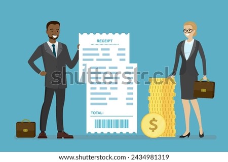African american salesman holds receipt. Caucasian woman client holds golden dollar coins. Payment for goods and services. Payment in cash. Business process, shopping concept. Flat vector illustration
