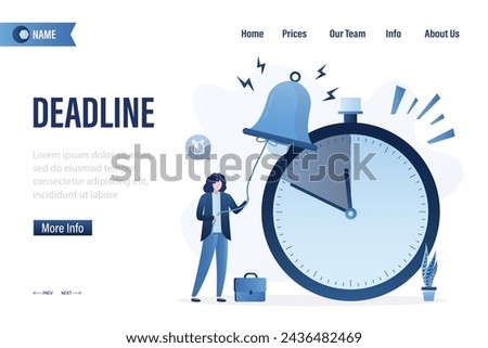 Deadline, landing page template. Businesswoman rings the bell or alarm. Countdown on big clock. Time pressure warning for employees. Business time management. Stopwatch, last call. Vector illustration