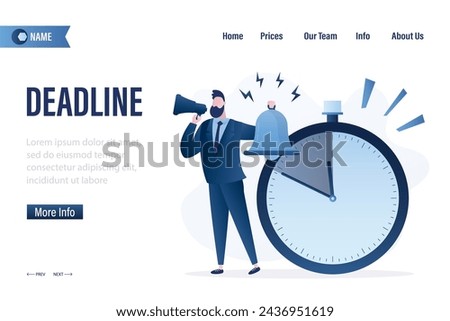 Deadline, landing page template. Businessman uses ring bell or alarm. Countdown on big clock. Time pressure warning for employees.Business time management. Last call. Flat vector illustration