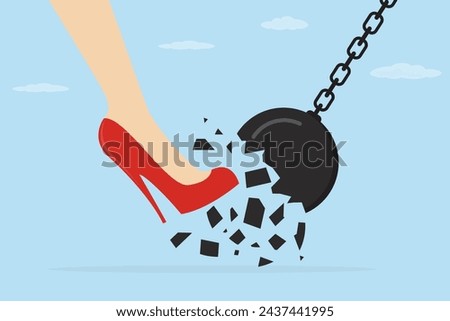 Woman foot in high heels breaks wrecking ball. Overcoming obstacles, feminine power. Human rights, gender equality. Success in career and business. Freeing yourself from shackles and stereotypes.