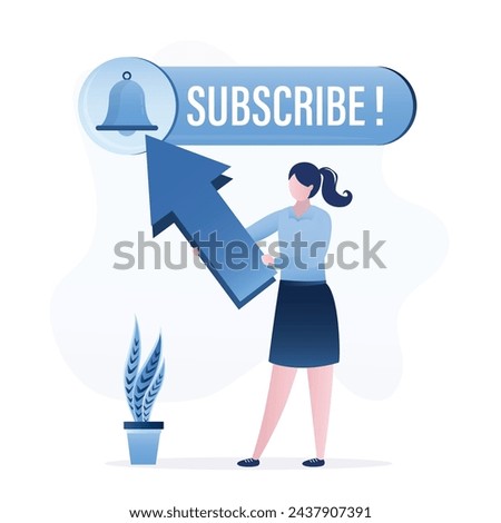 Button with ring bell and text - subscribe! Woman user holds arrow and clicks on subscription symbol. Online notification. New follower subscribe to blog or video channel. Flat vector illustration