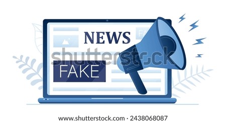 Fake news on laptop screen. Social media with propaganda or hoax. Article in online press with lies and disinformation. Screaming megaphone. Flat Vector illustration