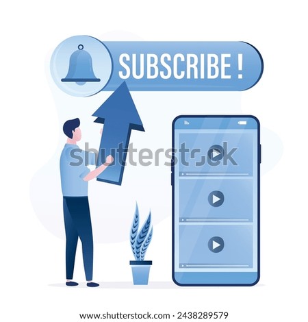 Button with ring bell and text - subscribe! User holds arrow and clicks on subscribe symbol. Online notification. Smartphone with video channel or blog app, subscription concept. Vector illustration